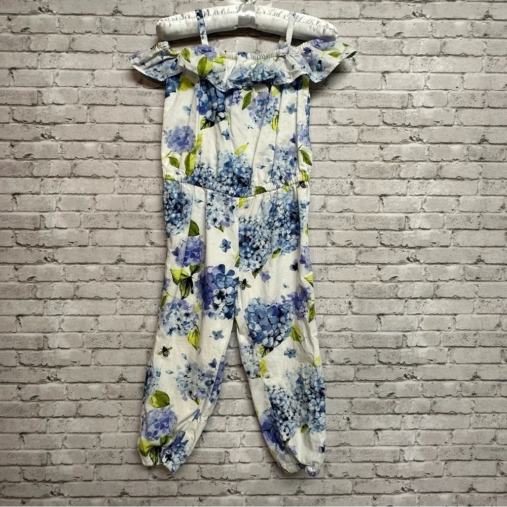 Gymboree Size 3T Floral Lined Jumpsuit Blue White Off Shoulder Ruffles Bees
